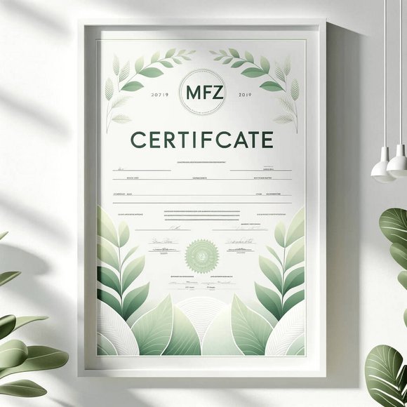 Ein Zertifikat mit MFZ im Mittelpunkt welches weiß und grün ist